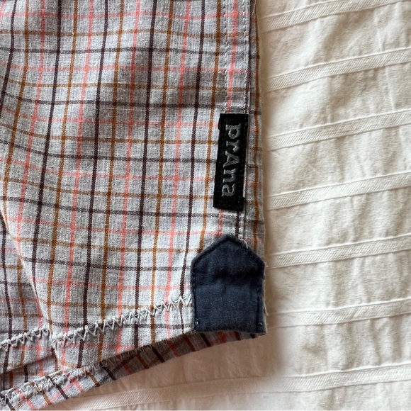 prAna Lukas Slim Fit Button Down Short Sleeve Shirt in Brown and Orange Plaid, L - Picture 5 of 7